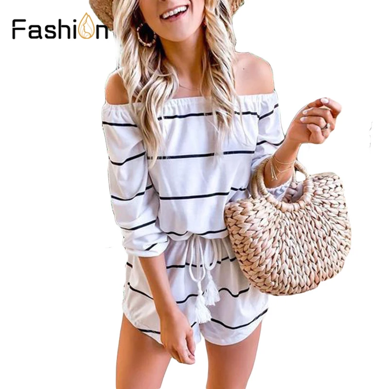 

Wide Leg Belted Striped Romper Women Long Sleeve Rompers for Women Off Shoulder Playsuit Summer Jumpsuit Preppy Casual Bodysuit