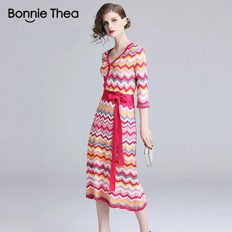 Женское вязаное платье в радужную полоску Bonnie Thea элегантное осеннее свитер