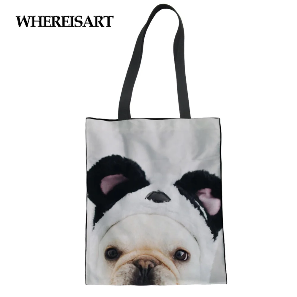 

WHEREISART Kawaii Animal Print Women's Canvas Eco Shopping Totes Shoulder Portable Black Bags Lady Travel Grocery Bolsa Lona