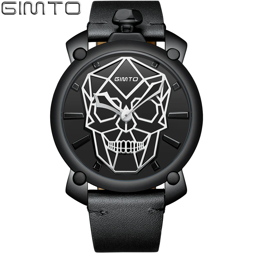 

GIMTO Mens Watches Top brand luxury Quartz Skull Watch Leather Waterproof Wristwatch Military Sport Male Clock Relogio Masculino