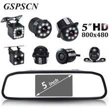 GSPSCN LED Night Vision Backup Reverse Camera CCD Car Rear View Camera + 5 inch Car Rearview Mirror Monitor Auto Parking Vedio