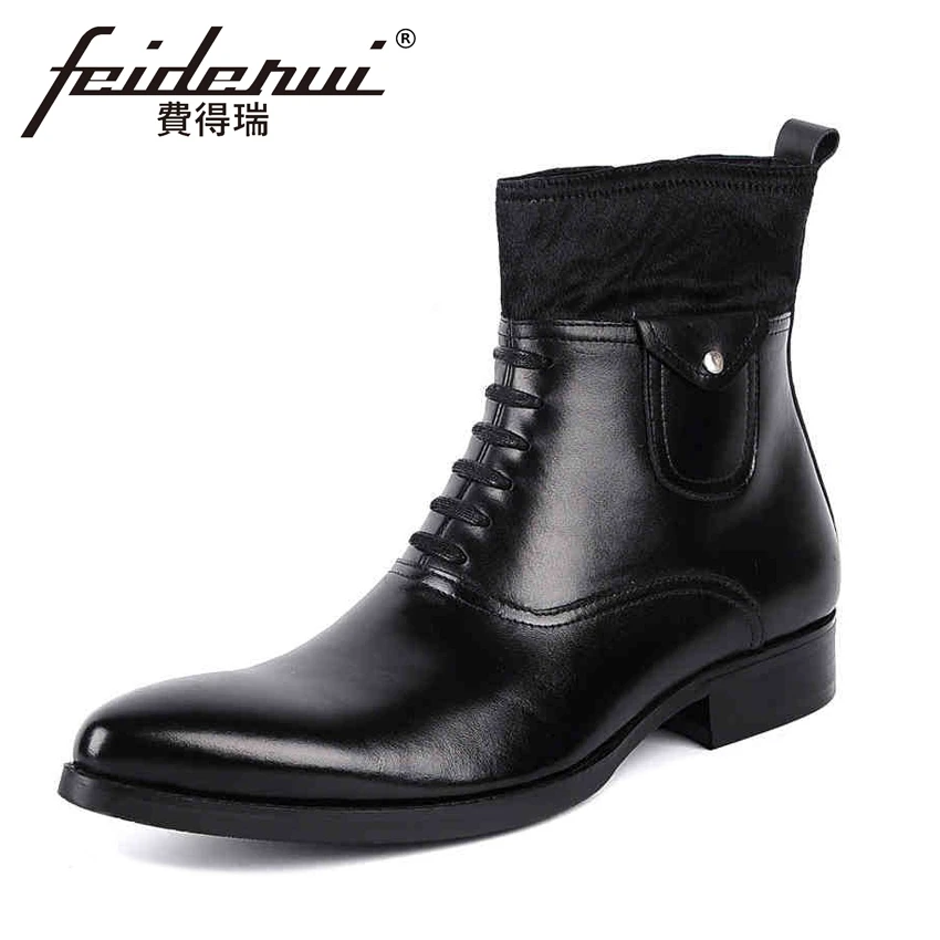 

Fashion Full Grain Genuine Leather Men's Fur Ankle Boots Luxury Designer Pointed Toe High-Top Cowboy Motorcycle Man Shoes YMX22