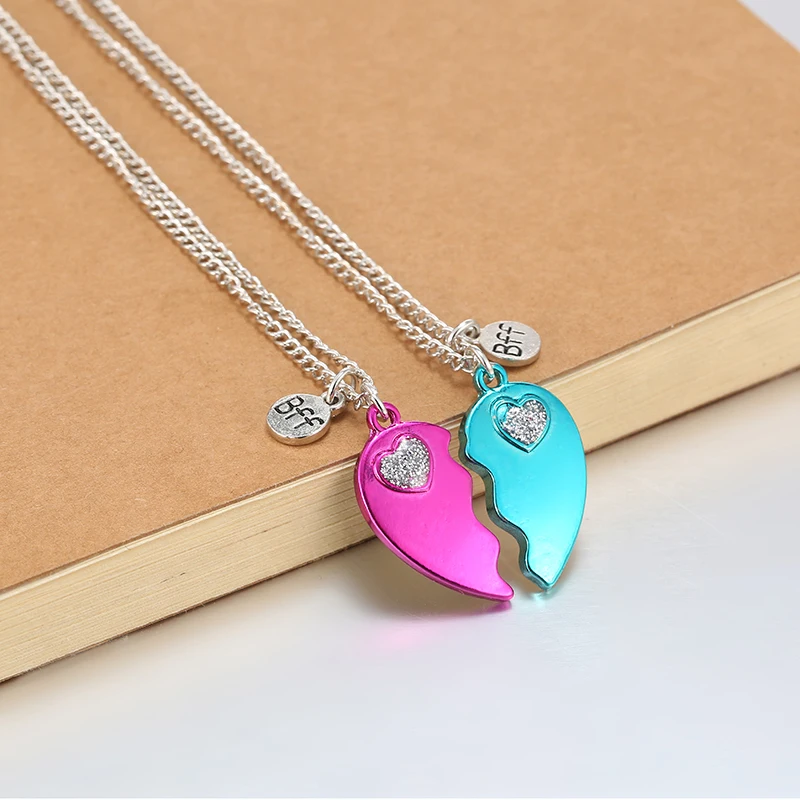 Pink/blue broken heart charms for girl Set of 2 BFF Necklace
