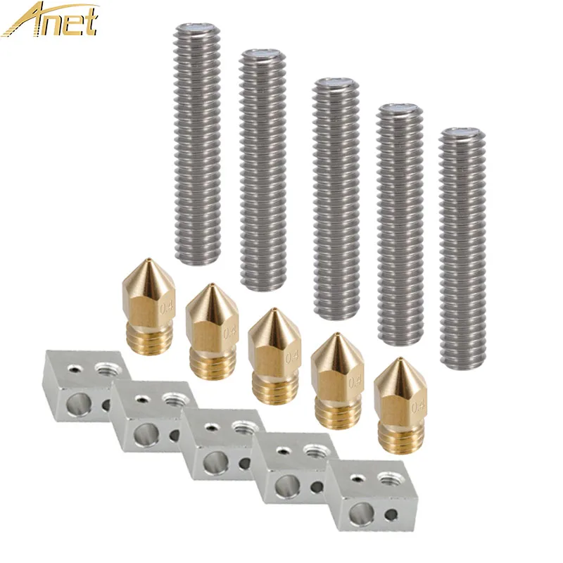

Anet A8&A6 3D Printer Part Each 5PC 0.4mm Extruder Nozzle+1.75mm Teflon Throat Tube+Heater Blocks Hotend for MK8 Makerbot Reprap