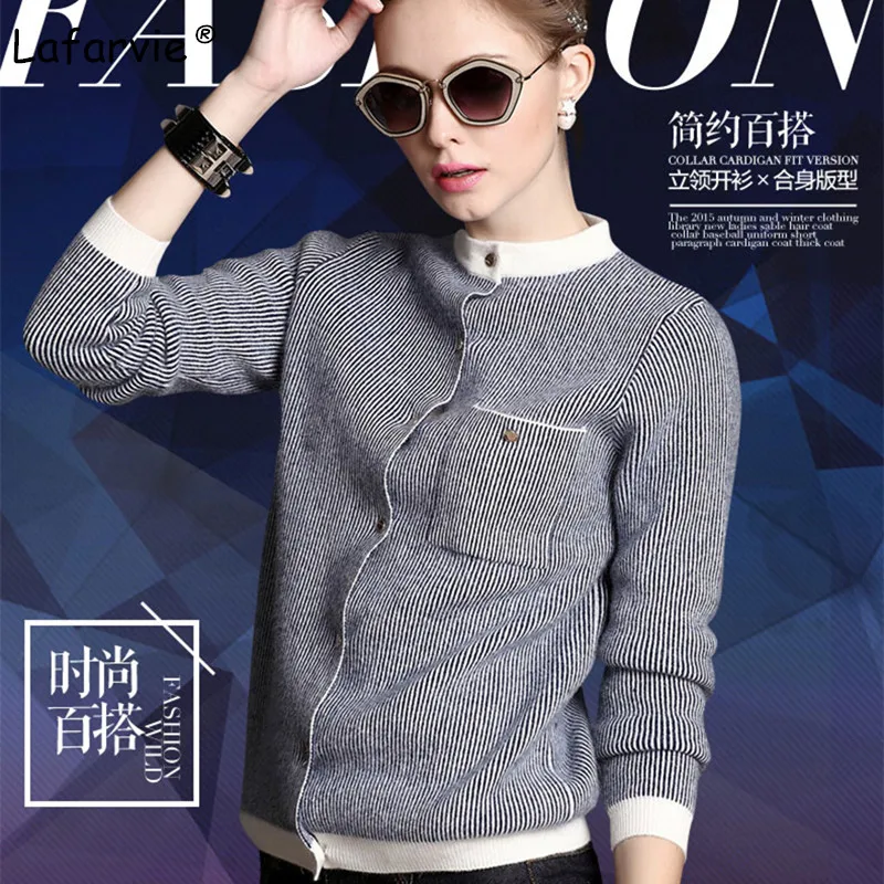 Lafarvie O Neck Knitted Winter Cashmere Sweater Women Cardigan Stripe Long Sleeve Single-breasted New Fall Winter Casual Jumper