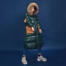 Дизайн, милое Длинное свободное плотное зимнее пальто с капюшоном, вельветовое лоскутное пальто с воротником из натурального меха, Женская куртка-пуховик на белом утином пуху