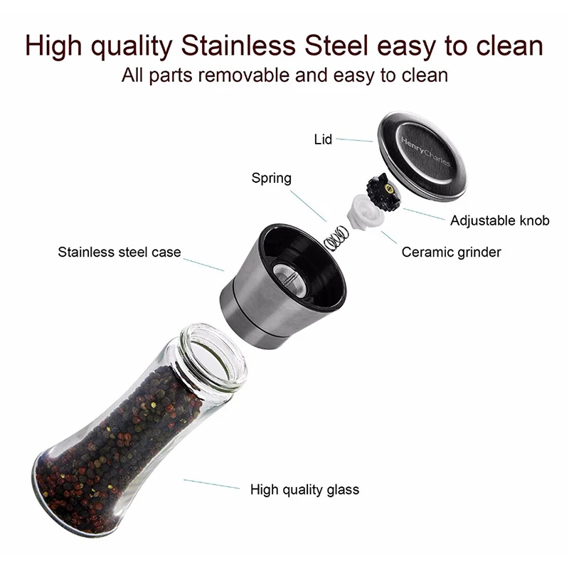 Konco Salt and Pepper Mill Shakers Stainless Steel Manual Sea Salt Mills Adjustable Ceramic Pepper Grinder with Glass Body salt and pepper grinder pepper grinder