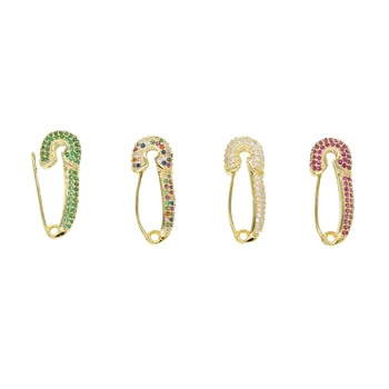 

GOLD micro pave red white rainbow green cz unique paperclip safety pin stud earings fashion jewelry
