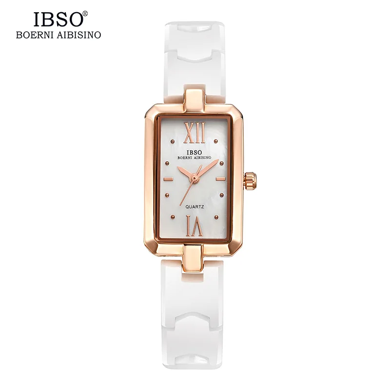 

IBSO Rectangle Case Shell Dial Women Watches 2019 High Quality Ceramic Strap Rose gold Quartz Watch Women Fashion Ladies Watches