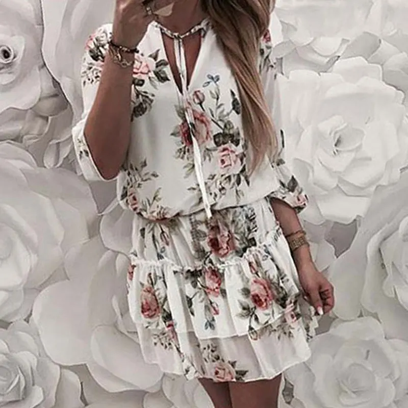 

2019 Summer Beach Dress Women Short Floral Party Dress Female Mini Chiffon Dress Ladies Lace Up A Line Dresses For Women
