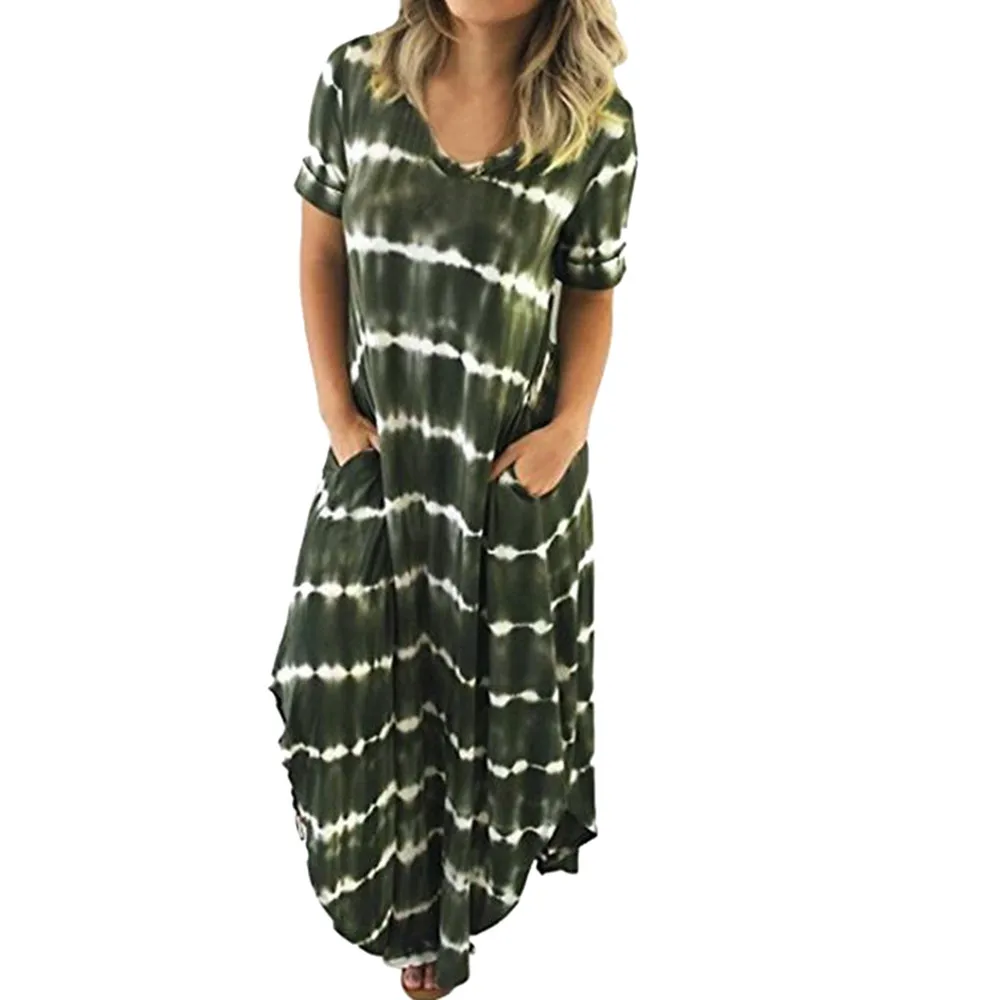 مخطط فستان صيفي بأكمام قصيرة جيب انقسام غير النظامية تنحنح لونغ بيتش اللباس عارضة طويلة فتاة قمم اللباس vestidos دي فيرانو