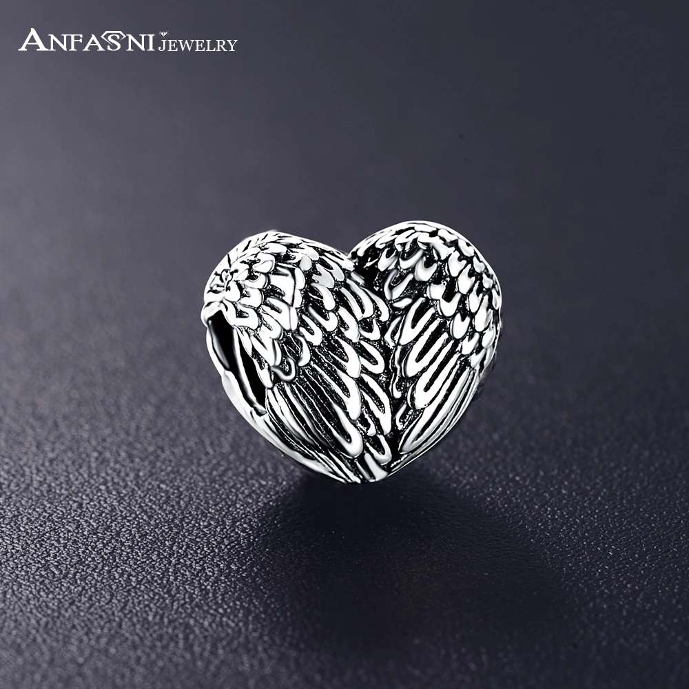 

ANFASNI 100% real 925 Sterling Silver Angelic Feathers Original Heart Charm Fit Bracelet Authentic Jewelry Women Gift PSMB0499