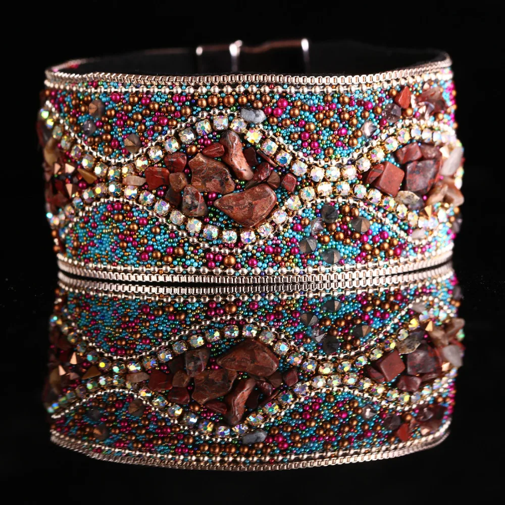 Женский кожаный браслет, уникальные смешанные природные камни, очаровательные широкие фланелевые браслеты, ручная работа, браслет в стиле бохо, Прямая поставка, браслеты