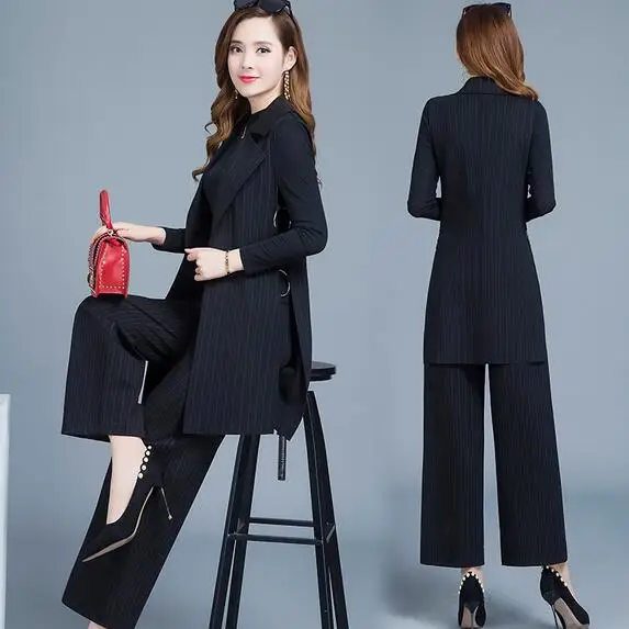 

Plus Size 4xl Autumn Women 2 Piece Set Top And Pants Striped Year-old Female Costume Trousers Suit Set Woman Suit Outfit DC102