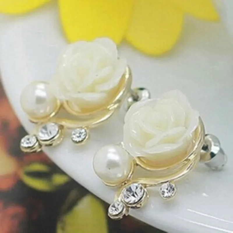 

2016 new Korean OL pink rose sparkling crystal pearl earrings factory direct Fangzuan