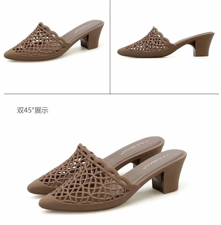 Женские босоножки; прозрачная обувь из ПВХ с острым носком на высоком каблуке; милые повседневные летние пляжные женские сандалии-шлепанцы - Цвет: sandalsY35-T  khaki