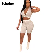 Summer Two Piece Set Sexy Slim Bodycon Sequin Crop Top and Shorts Sheath Skinny Club Outfit Sleeveless Zipper Top Pants Set sleeveless knotted top and pockets shorts set