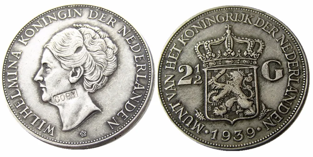 Нидерланды, 1939 2 1/2 Gulden Wilhelmina Посеребренная копия декоративная монета