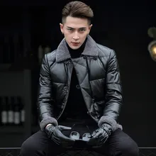 Мужская куртка из натуральной кожи, шуба из овчины, зимнее пальто для мужчин, приталенная Корейская черная верхняя одежда, тонкий пуховик, парка размера плюс ZT337