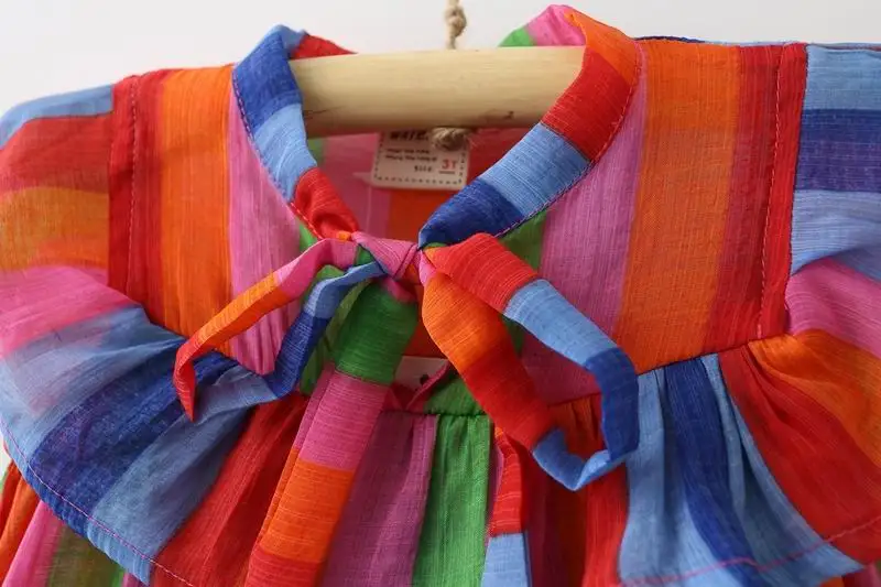 Розничная новые летние рубашки для девочек; яркая полоска; шифон рукава-фонарики модная блуза одежда для детей 2-7 лет E0328