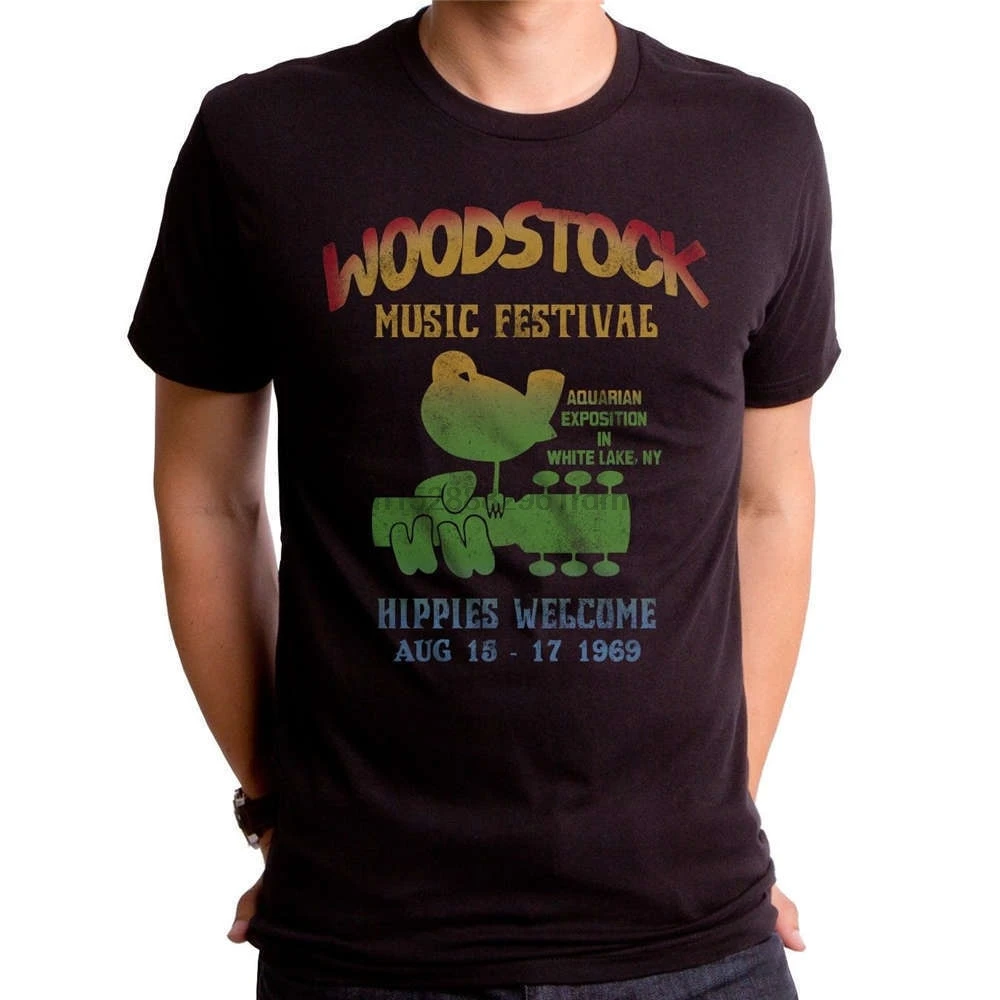 

Summer 2018 Famous Brand Authentic Woodstock Music Festival Bird Guitar Logo Hippies Welcome 1969 T-shirt Band Logo Tee Shirt Fo