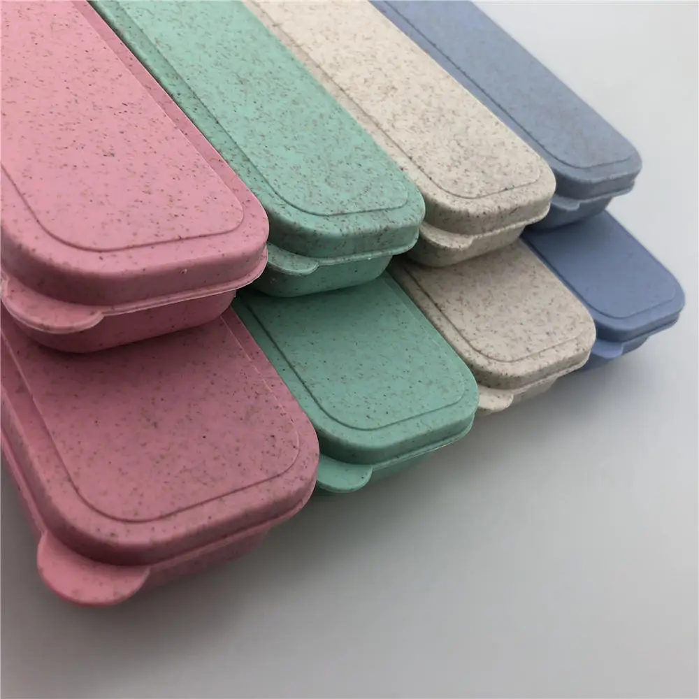 Pink Blue Green Beige 4 Colors Portable Tableware Wheat Straw Box Travel Gift Resin Plastic Outdoor Usage Cute Stationery Box