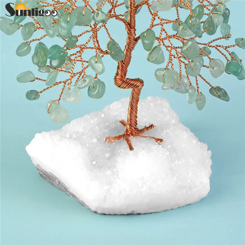 Sunligoo 1pc Natural Stone Feng Shui Bonsai Money Tree on Clear Quartz Cluster Base for Protection Healing Home Decor 5.51-6.29"