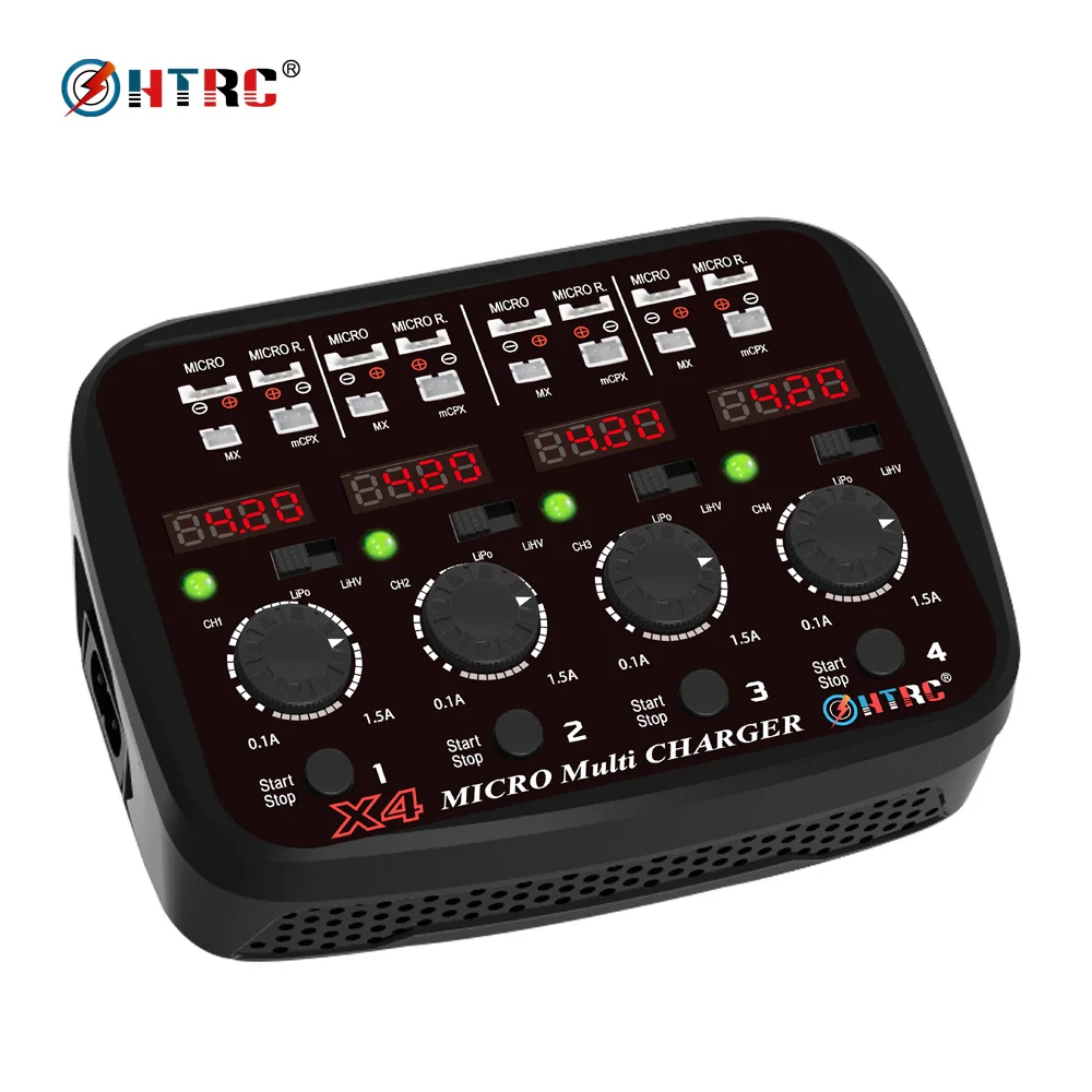 

Micro Muti Charger HTRC AC DC 4x1s 24W 1.5A Quattro 1s Lipo/Lihv Micro Battery Charger for Micro/Micro Reverse/MX/mCPX X4