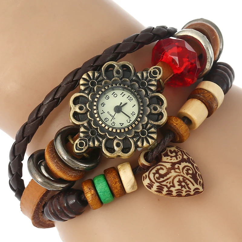 

Gnova platinum Ethnic Style Genuine Leather Bracelet Women Watch Red Bone Heart Charm Vintage Fashion Quartz Wristwatch A750