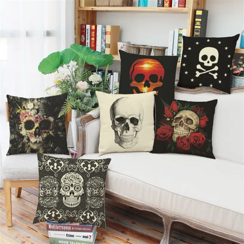 

6styles Linen Pillow Cover Halloween skull Style Pattern Cushion Cover Home Decorative Cheap Pillow Case 45x45cm