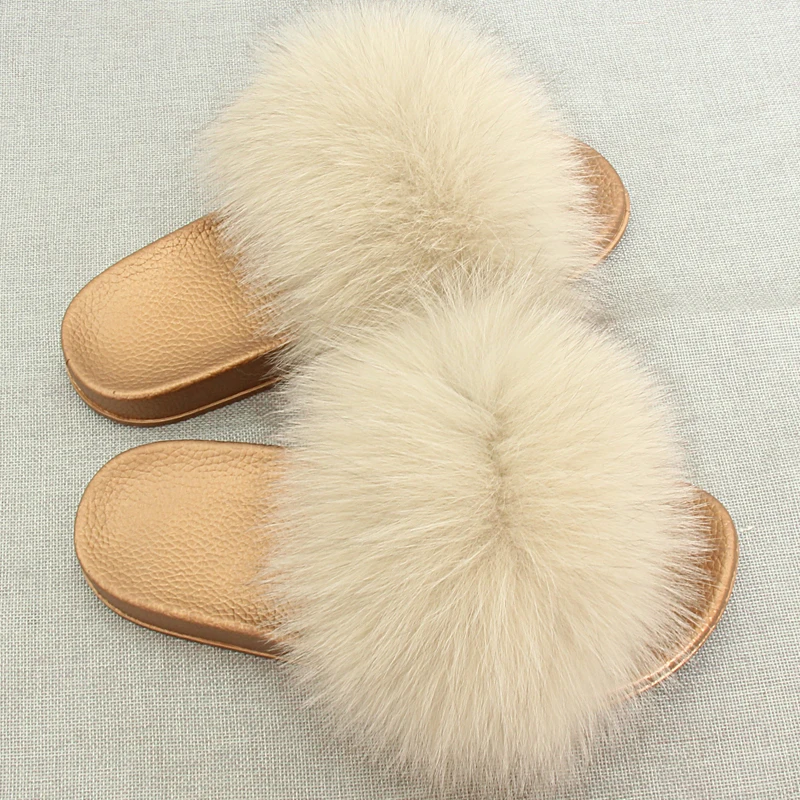 

JKP2018New Women real fox fur plush slippers new summer fashion wear plush flat Cute Parent-child slippers Beach Sandal SL-02