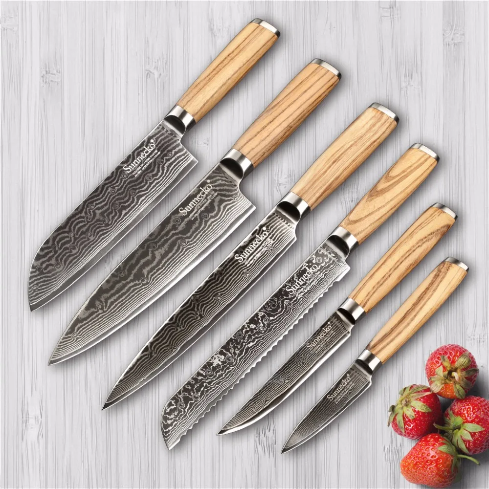 

Sunnecko 6PCS Kitchen Knives Damascus Knife Set Japaness VG10 Steel Razor Sharp Blade Original Wood Handle Professional Tool