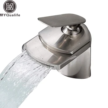 

Brushed Nickel Basin Sink Faucet Deck Mount Waterfall Hot and Cold Water Bathroom Mixer Taps Single Hole Washing Faucet