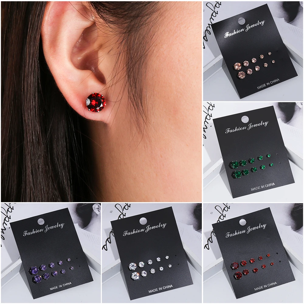 

5Pairs/ Set Geometric Crystal Wedding Elegant Stud Earrings Set simple punk Women Alloy Silver Round Zircon Earring Sets Gifts