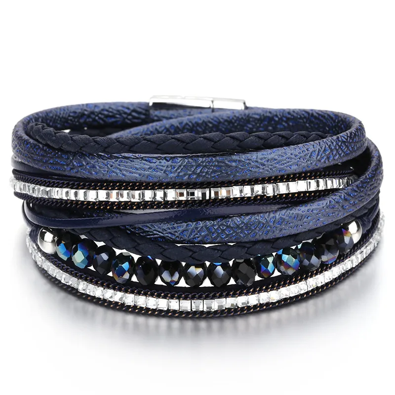 Amorcome кожаные браслеты для женщин роскошный бренд Femme Модный кристалл Плетеный веревочный с бусинами многослойный браслет женские ювелирные изделия - Окраска металла: Blue