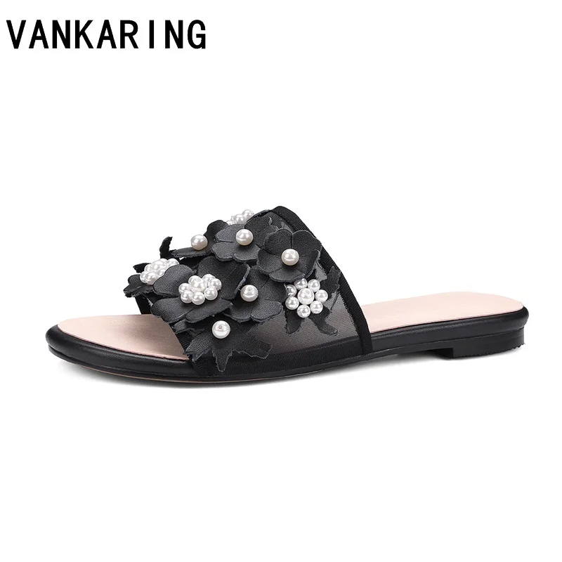 

VANKARING fashion sandals women flower decorate mesh leather flats dress casual shoes flat heel open toe summer casual slippers