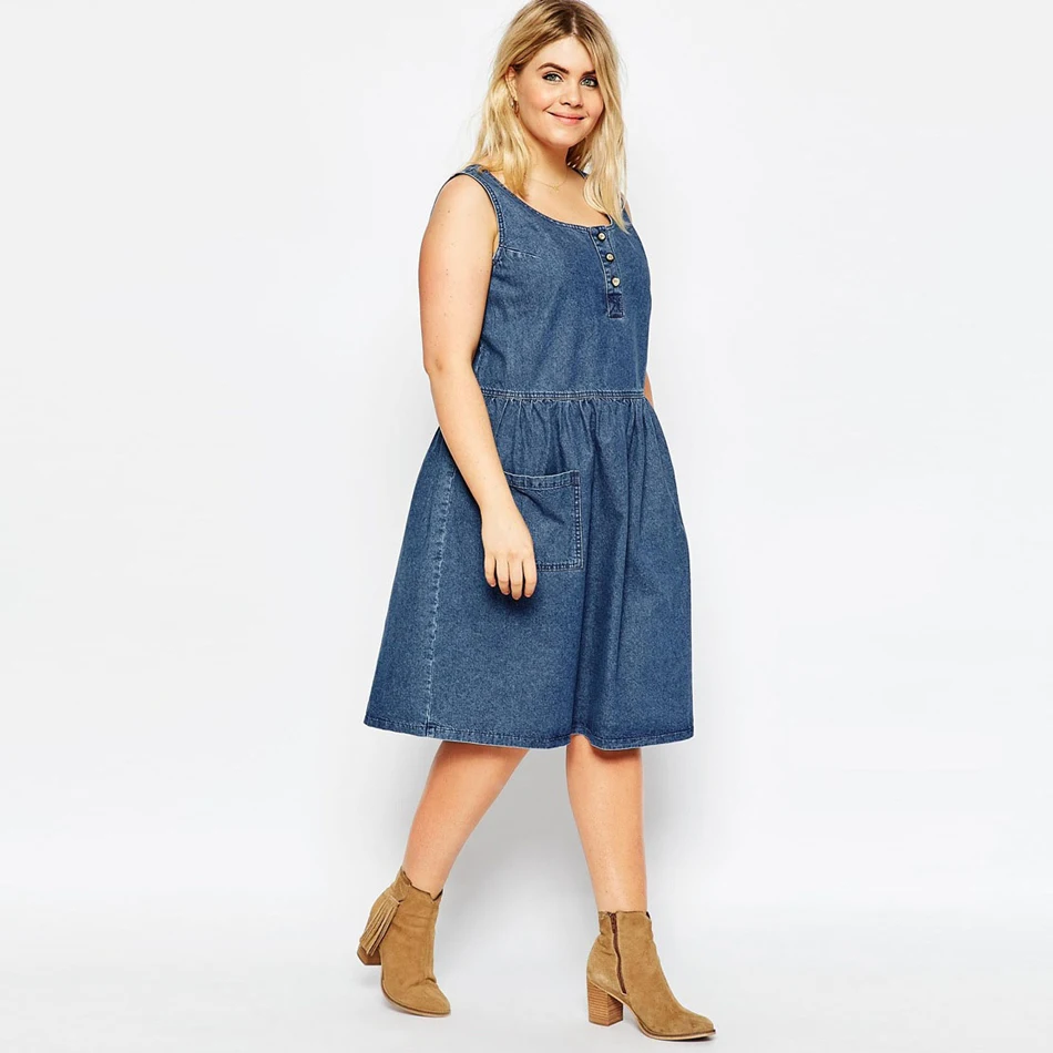 Plus size summer new fashion women jean dress sleeveless casual loose