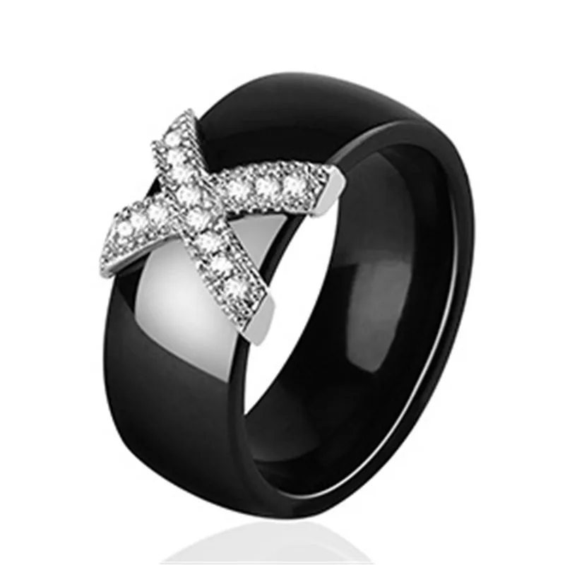 8 мм женское простое кольцо на палец с крестом, розовое/синее/фиолетовое керамическое кольцо из титановой стали, винтажные обручальные кольца для женщин - Цвет основного камня: Черный
