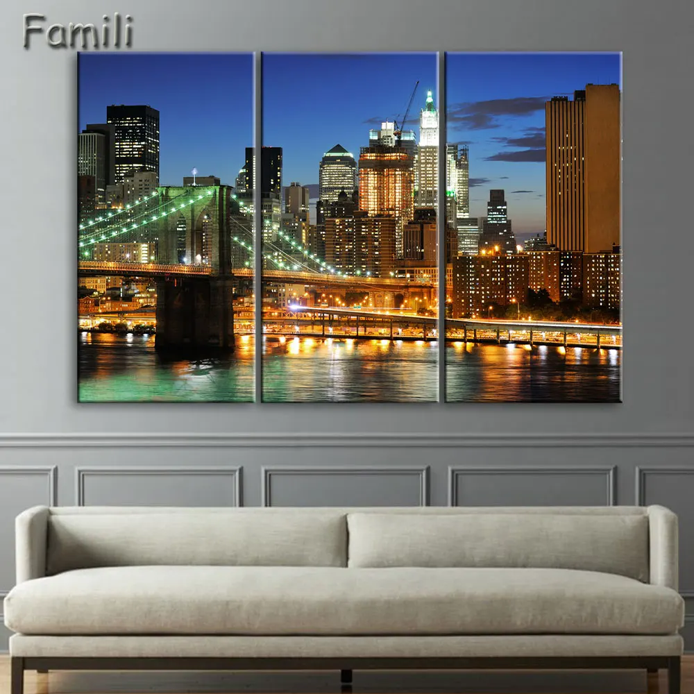 Unframed Modern 3pcs Melamine Sponge Board Canvas Oil Painting New York City Night View Pictures Seascape Living Room Wall Art | Дом и сад
