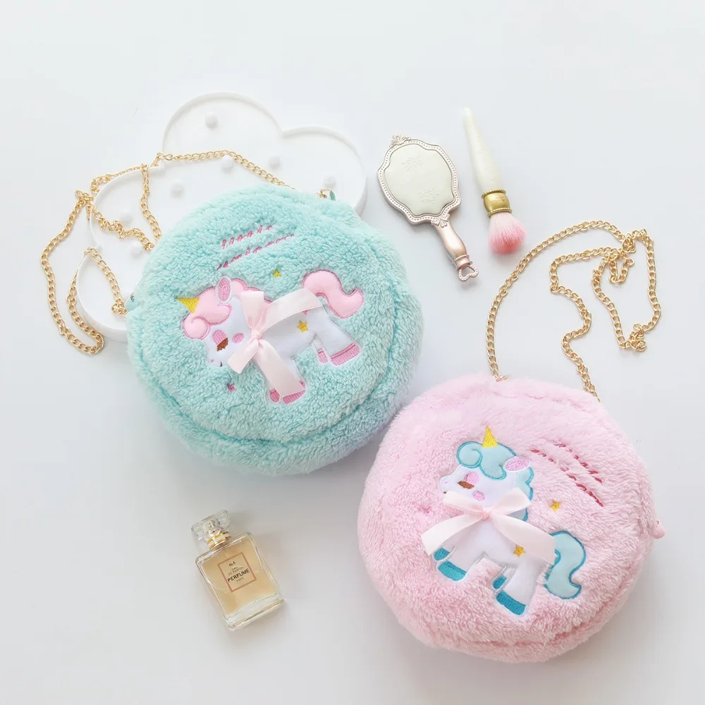 

Cartoon Plush Toy Bowknot Unicorn Chain Round Crossbody Bag Girl Birthday Christmas Gift #1085