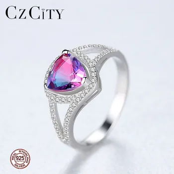 

CZCITY New Big Pure 925 Sterling Silver Wedding Rings for Women Luxury CZ Classic Design Geometric Female Colorful Anillos Mujer
