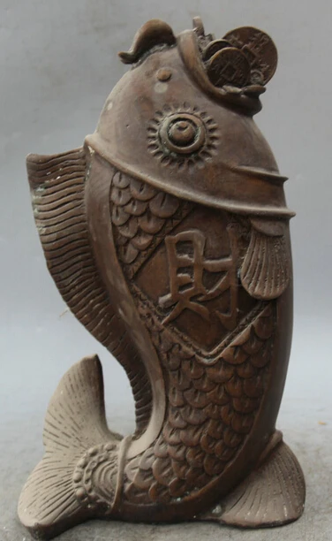 

JP S0524 12" Chinese Bronze Wealth Money Coin Feng Shui animal Fish barracuda Statue B0403