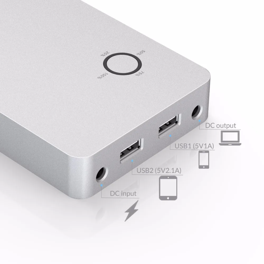 ORICO 18000mAh batería portátil aleación de aluminio doble salida USB un puerto DC 12/16/19V para L