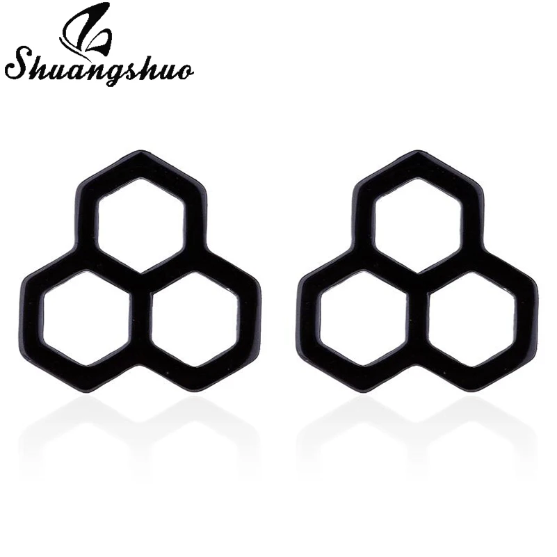 Shuangshuo корейская мода шестиугольный сотовый серьги из нержавеющей стали улей шестигранный Стад простые геометрические серьги bijoux