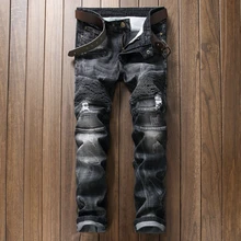 Mens Runway Distressed Jeans Men Hip Hop Street Biker Locomotive Jeans Fold Slim Fit Skinny Pants High Elastic Gray Washed Jeans