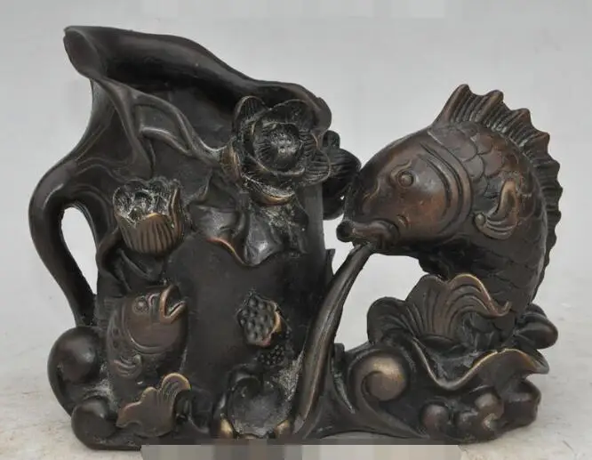 

S2945 7" chinese bronze lotus flower goldfish fish lucky statue Brush Pot pencil vase