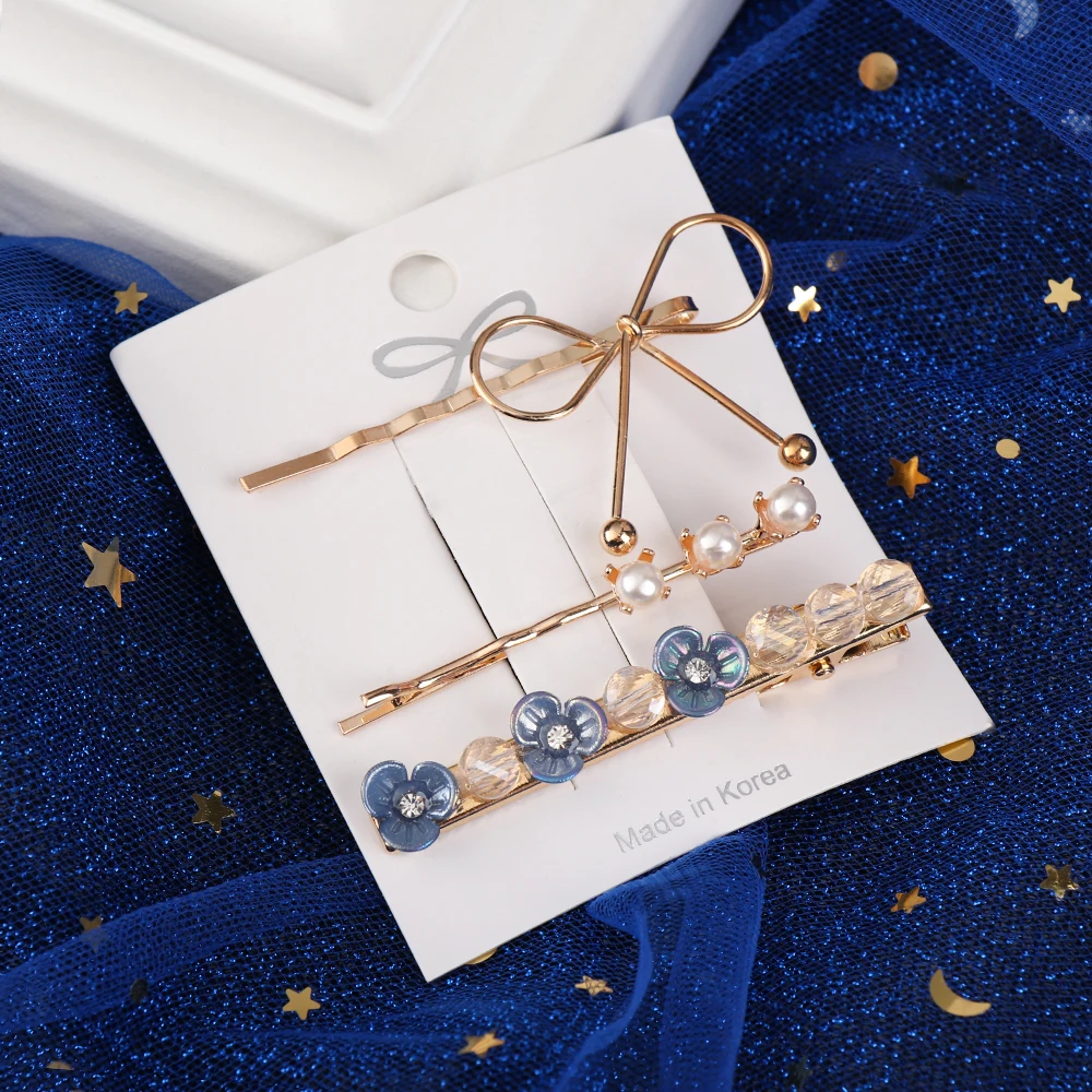 

3PCS/Set Sweet Fashion Hair Clip for Women Girls Imitation Pearl Bow Knot Bobby Pin Metal Barrette Hairpin Hair Styling Tools