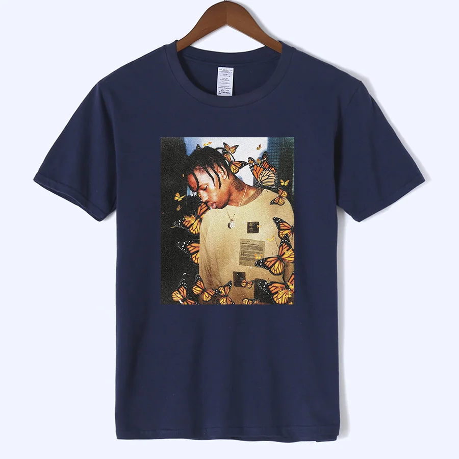 Трэвиса Скотта бабочка футболка эффект рэп музыкальный альбом Обложка значок печать мужская Astroworld лицо материал Топ футболка S-3XL