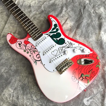 

Free delivery, new electric guitar, red and white and flower body, silver hardware, customizable