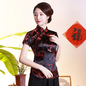

Black Red Floral Women Vintage Blouse Chinese Style Summer Short Sleeve Shirt Plus Size Handmade Button Tops Ancient Clothes